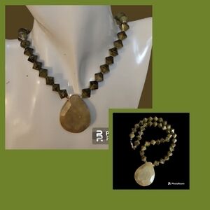 Vintage Moss Gemstone Teardrop Pendant Glass Beaded Necklace